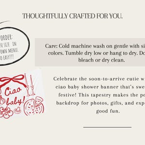 May include: White baby shower banner with red illustrations of Italian food and the phrase "Ciao baby!". Includes a tomato, wine glass, pizza, and other Italian-themed graphics. The banner is designed for a baby shower.