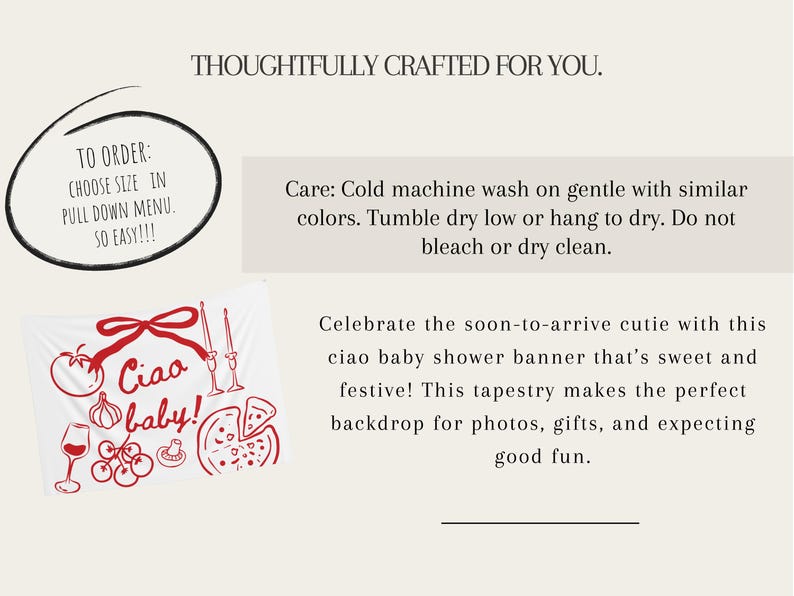 May include: White baby shower banner with red illustrations of Italian food and the phrase "Ciao baby!". Includes a tomato, wine glass, pizza, and other Italian-themed graphics. The banner is designed for a baby shower.