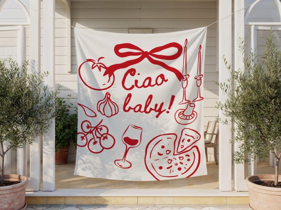 Ciao Baby Backdrop, Hand Drawn Italian Pizza Baby Shower Décor, Pizza and Wine Doodle Banner