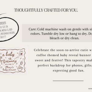 May include: A baby shower banner with a coffee theme, featuring the text "a baby is brewing" and "Welcome to Olivia's baby shower." The banner includes illustrations of coffee-related items.