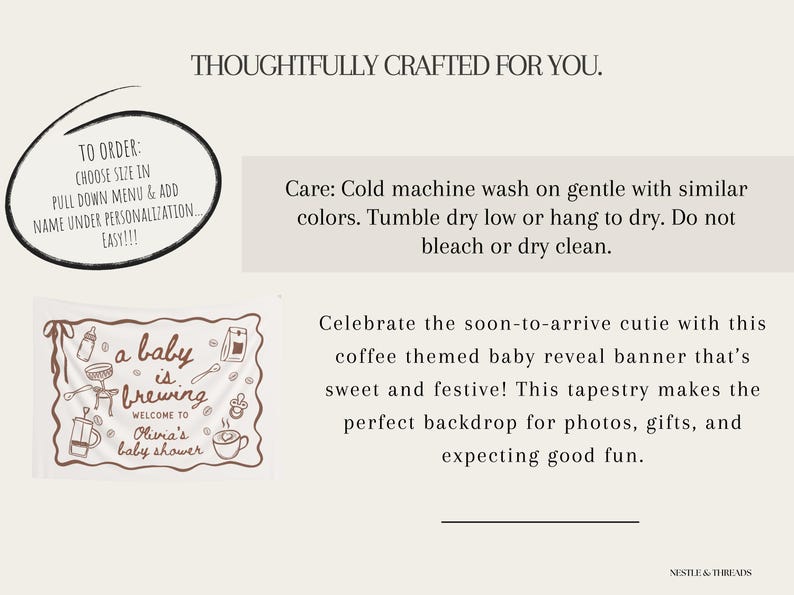 May include: A baby shower banner with a coffee theme, featuring the text "a baby is brewing" and "Welcome to Olivia's baby shower." The banner includes illustrations of coffee-related items.