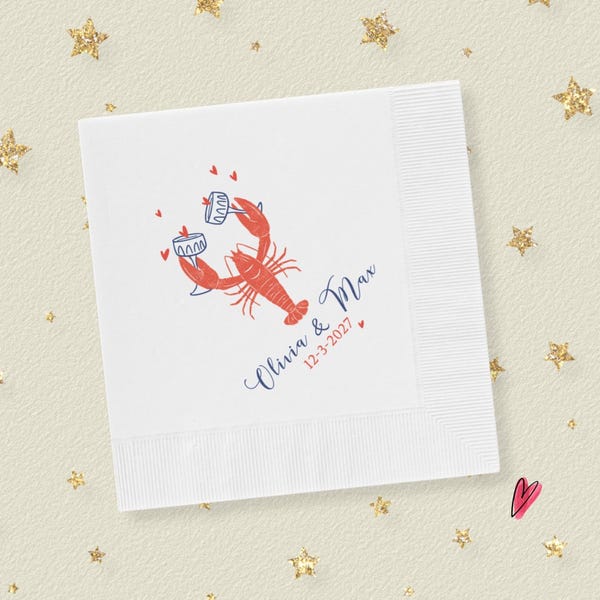 Custom Lobster Engagement Napkins, Coastal Beach Party Decor, Nautical Wedding Cocktail