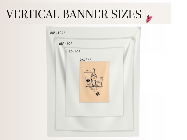 K&ouml;nnte beinhalten: Wei&szlig;e vertikale Banner in verschiedenen Gr&ouml;&szlig;en werden angezeigt, wobei das gr&ouml;&szlig;te 224cm x 264cm und das kleinste 66cm x 91cm misst. Die Banner sind geschichtet und zeigen ein Design mit Weinthema. Der Text "VERTICAL BANNER SIZES" steht oben.