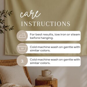 May include: A beige fabric care instruction sign featuring the text care INSTRUCTIONS. Three circular icons with text: an iron icon with For best results, low iron or steam before hanging, a 30 degree wash icon, and a 3 with Cold machine wash.