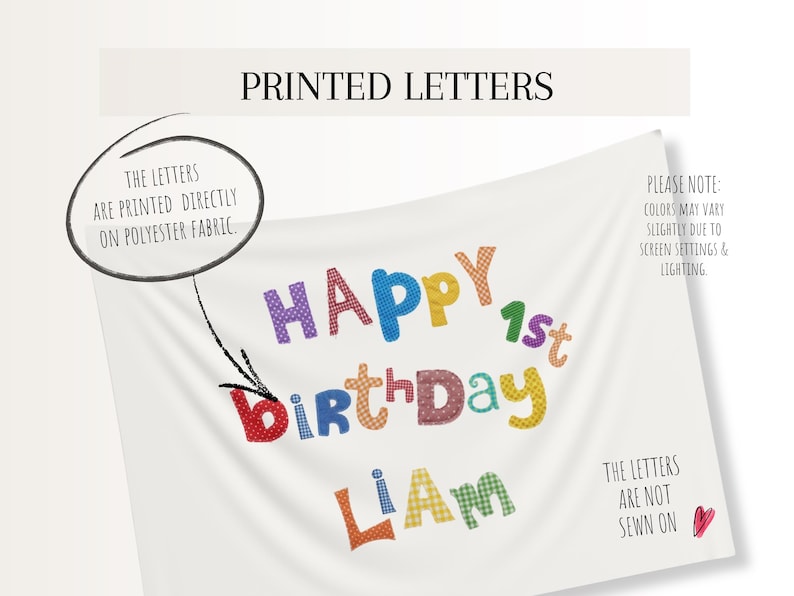 May include: A white polyester fabric banner featuring the colorful printed text HAPPY 1st BIRTHDAY LIAM. The letters have various patterns and colors. Text on the banner states: THE LETTERS ARE PRINTED DIRECTLY ON POLYESTER FABRIC and THE LETTERS ARE NOT SEWN ON.