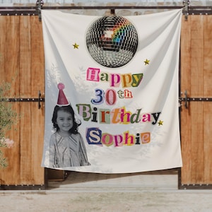 誕生日フォトバナー、カスタマイズ可能なパーティーデコレーション、パーソナライズされた誕生日デコレーション、あらゆる年齢向けの楽しいディスコボールイベントバナー