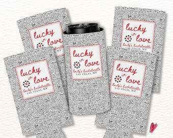 Lucky in Love Bachelorette Can Coolers, Custom Party Favors, Vegas Wedding Decor, Personalized Casino Gambling Drink Holders