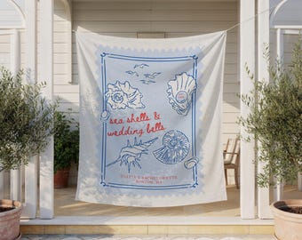 Banner per addio al nubilato con conchiglie e campane nuziali, arazzo con decorazioni costiere per addio al nubilato, sfondo per matrimonio a tema marino
