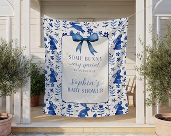 Toile Bunny Baby Shower Backdrop, Some Bunny Welcome Sign, Blue Rabbit Decor Banner