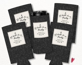 May include: Four black foam can coolers featuring a white spiderweb pattern and a central white label. The label displays a small spider icon, the text 'til death do us Party', and 'Sophia's Bachelorette Chicago, IL' in black font.