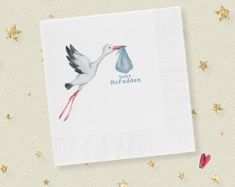 Baby Boy Shower Napkins | Custom Stork Design | Personalized Party Décor | Beverage & Cocktail Guest Towels