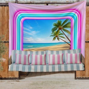 May include: A rectangular wall tapestry featuring a vibrant neon-style rainbow arch framing a tropical beach scene with palm trees, blue ocean, and sandy shore. The tapestry is displayed behind a bench with light blue and white striped cushions.