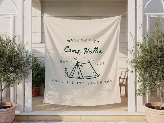Camp Birthday Sign | Personalized Happy Camper Banner | Outdoor Adventure Party Decor