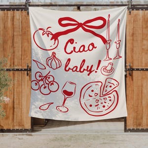 May include: A white fabric wall hanging with a red illustration of Italian food items, including a tomato, garlic, pizza, and wine glass. The phrase "Ciao baby!" is written in red script.