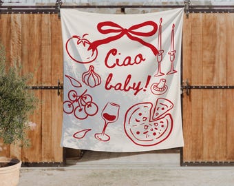 Tło Ciao Baby, ręcznie rysowana włoska pizza, dekoracja na baby shower, baner z pizzą i winem