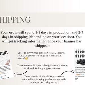 K&ouml;nnte beinhalten: Bild mit dem Wort "SHIPPING" oben. Der Text darunter besagt, dass Bestellungen 1-3 Tage f&uuml;r die Produktion und 2-7 Tage f&uuml;r den Versand ben&ouml;tigen. Enth&auml;lt Bilder von Wandteppichaufh&auml;ngern und Gardinenhaken, mit Text, der ihre Verwendung zum Aufh&auml;ngen von Bannern beschreibt.