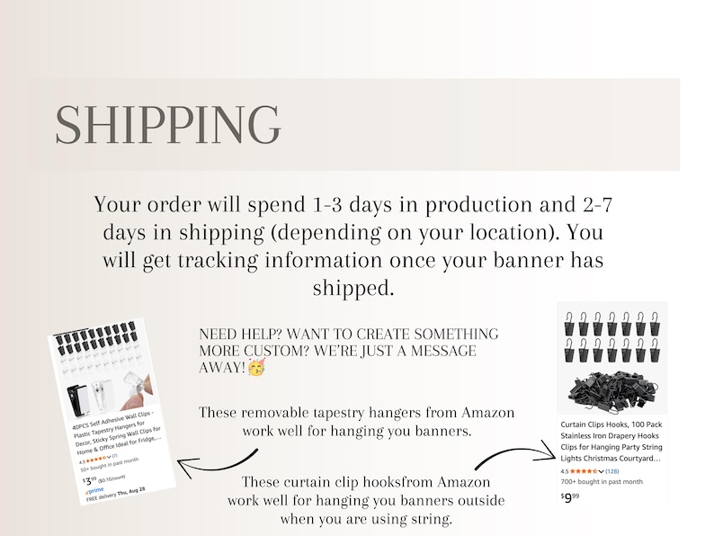 K&ouml;nnte beinhalten: Bild mit dem Wort "SHIPPING" oben. Der Text darunter besagt, dass Bestellungen 1-3 Tage f&uuml;r die Produktion und 2-7 Tage f&uuml;r den Versand ben&ouml;tigen. Enth&auml;lt Bilder von Wandteppichaufh&auml;ngern und Gardinenhaken, mit Text, der ihre Verwendung zum Aufh&auml;ngen von Bannern beschreibt.