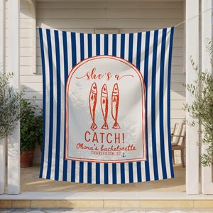 She's a Catch Bachelorette Backdrop, Coastal Nautical Lobster Party Decor Banner