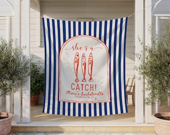 She’s a Catch Bachelorette Backdrop, Custom Coastal Decor, Fun Lobster Party Sign, Nautical Bridal Shower Theme Banner
