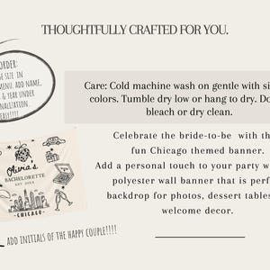 May include: Cream-colored polyester wall banner with black Chicago-themed illustrations, including a hot dog, skyline, and pizza. Text includes "Olivia's Bachelorette" and instructions for personalization.