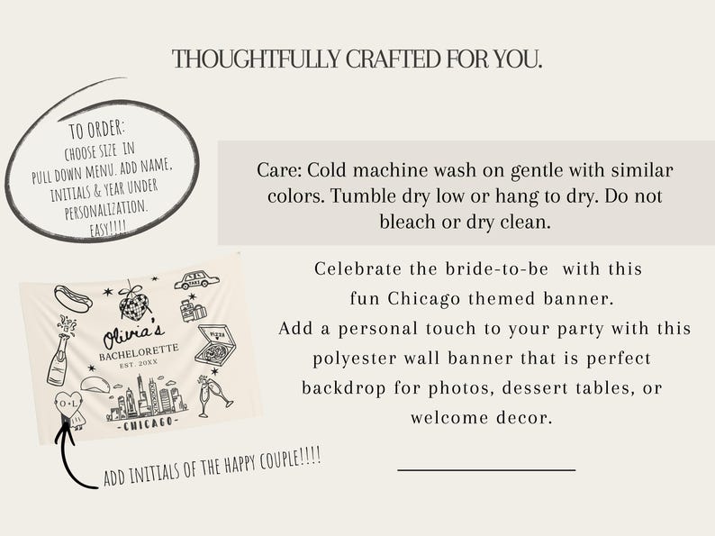 May include: Cream-colored polyester wall banner with black Chicago-themed illustrations, including a hot dog, skyline, and pizza. Text includes "Olivia's Bachelorette" and instructions for personalization.