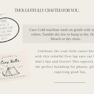 May include: A cream-colored banner with the text "WELCOME TO Camp Hallie" and "HALLIE'S 1ST BIRTHDAY" in dark green. The banner features a tent illustration and the year 2025. Additional text provides care instructions.
