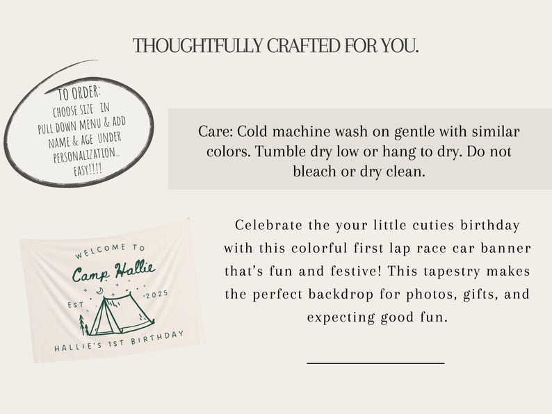 May include: A cream-colored banner with the text "WELCOME TO Camp Hallie" and "HALLIE'S 1ST BIRTHDAY" in dark green. The banner features a tent illustration and the year 2025. Additional text provides care instructions.