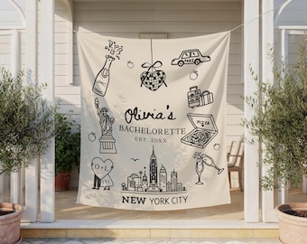 New York vrijgezellenbanner, aangepast NYC-feestdecor, bruids wandtapijt meisjes Trip The Big Apple-achtergrond