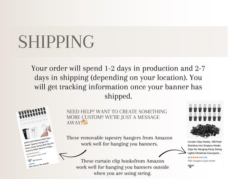 May include: Image features text about shipping details, including production and shipping times. It also shows examples of tapestry hangers and curtain clip hooks, with text indicating their use for hanging banners and string lights.