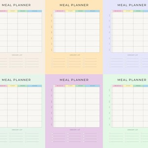 Könnte beinhalten: Eine Sammlung von zehn pastellfarbenen Essensplanern. Jeder Planer hat ein Raster für die tägliche Essensplanung, mit der Aufschrift "MEAL PLANNER" und einem Abschnitt für eine Einkaufsliste. Die Planer sind in verschiedenen Farben gehalten.