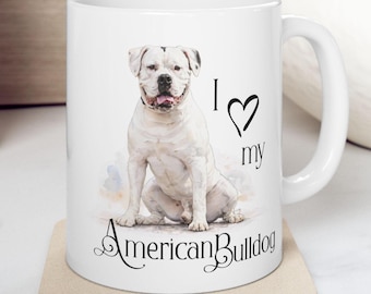 Caneca de café com aquarela de Bulldog Americano | Caneca de cerâmica com estampa da raça | Presente para quem ama cachorros