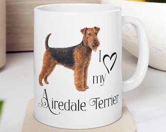 Caneca de cerâmica com estampa original de Airedale Terrier em aquarela | Caneca de cerâmica com desenho original da raça
