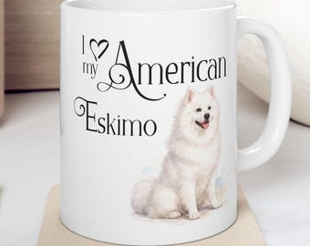 Caneca aquarelada com estampa de cachorro esquimó americano | Caneca de cerâmica fofa para presente