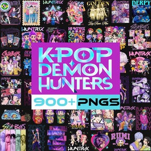 May include: A collage of colorful digital art featuring various K-Pop-themed designs. The central image reads "K-Pop Demon Hunters" with "900+ PNGs" below. Surrounding images include anime-style characters and band logos.