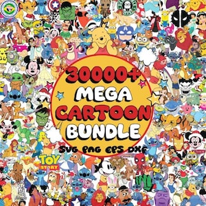 May include: A vibrant digital graphic showcasing a multitude of cartoon characters, such as Mickey Mouse, Stitch, and Winnie the Pooh. The image includes a large circular graphic with the text "30000+ MEGA CARTOON BUNDLE".