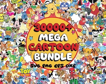 May include: A colorful digital graphic featuring numerous cartoon characters, including Mickey Mouse, Stitch, and Winnie the Pooh. The image has a large circular graphic with the text "30000+ MEGA CARTOON BUNDLE".