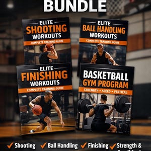 Peut inclure: Image promotionnelle d'un ensemble d'entraînement de basket-ball. L'image présente quatre programmes d'entraînement : Tir, Manipulation de balle, Finition et Force et conditionnement. Le texte "COMPLETE BASKETBALL TRAINING BUNDLE" est en haut.