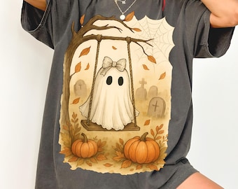 Cute Halloween Ghost on Swing PNG, Vintage Watercolor Coquette Clipart, Spooky Season Pastel Cemetery Scene, Retro Fall T-shirt Design