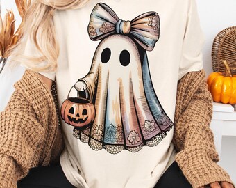 Cute Trendy Lace Ghost with Bow PNG | Retro Halloween Coquette Clipart | Vintage Pastel Rainbow Ghost | Spooky Season Aesthetic Pumpkin
