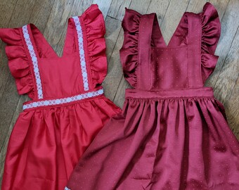 Handmade Ruffled Pinafore Dress - Candy Apple Red & Burgundy Lace - Size 4T