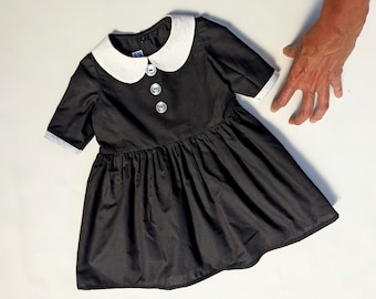 Halloween Baby Dress –  Peter Pan Collar Dress with 3/4 Sleeves – Classic Vintage Style – Size 12M, 18M, 2T – Wednesday Baby Dress