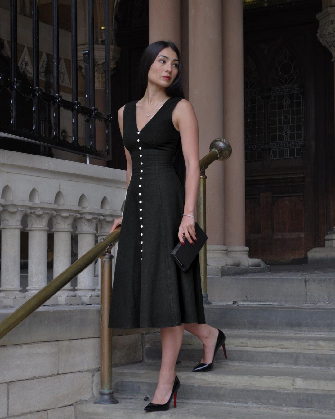 black linen dress buttons Black Linen Cotton Midi Dress