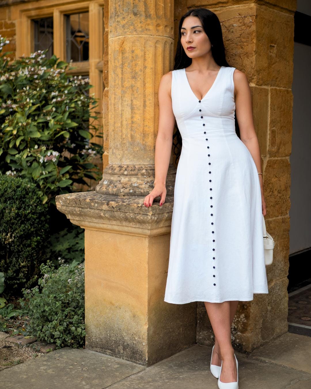 White Linen Cotton Midi Dress - Button Front V Neck Sleeveless A Line Summer Dress for Women