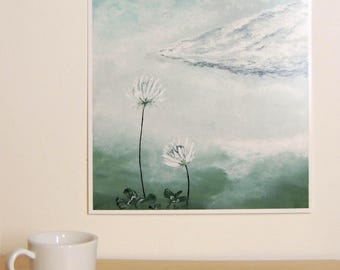 Poster con fiori bianchi, paesaggio minimalista, stampa su carta fotografica perlata, decorazione murale.