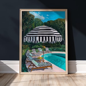 Mediterran am Pool Art Strandschirm Druck, Italienische Villa Sommerferien Druck, Küstenresort Pool Kunstwerk Resort Wandkunst T11