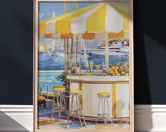 Summer Coastal Print Yellow Umbrella Beach Bar Wall Art Mediterranean Nostalgia Summer Beach House Print Nostalgia Beach Bar Print T12