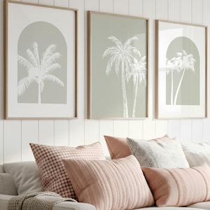 Abstract Palm Tree Print Set of 3 Sage Green Boho Coastal Wall Prints Minimalist Tropical Beach Coastal Sage Boho Decor Sage Palm Tree CP1