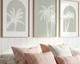 Abstrakter Palmendruck 3er Set Salbeigrün Boho Küstenwanddruck Minimalistischer Tropischer Strand Küstensalbei Boho Dekor Salbeipalme WEP1