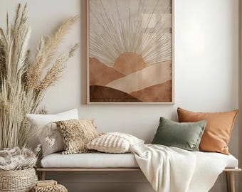 Impresión de pared bohemia de mediados de siglo con amanecer en tono terracota, arte de pared abstracto bohemio moderno, estilo bohemio, atardecer de mediados de siglo, descarga digital MC8