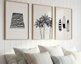 Boho Coastal Beach Set of 3 Wall Art Surfboard Poster Tropical Palm Print Modern Beachy Art Prints Coastal Boho Beach House Prints CP7